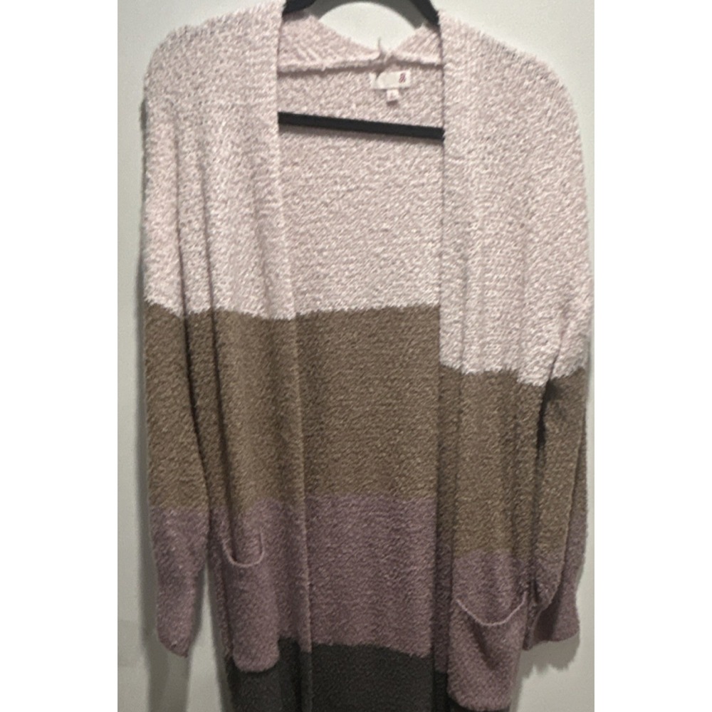 SO Colorblock Knit Cardigan Sweater Pink Brown Gray Long Sleeve Pockets L